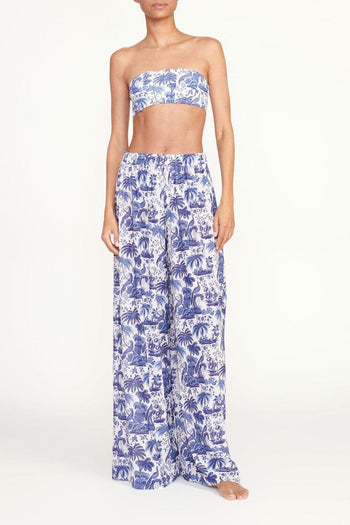 Blue toile printed wide-leg pants with elastic waistband and drawstring tie