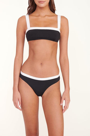 Black and white bikini bottom with contrast white trim along waistband and leg openings