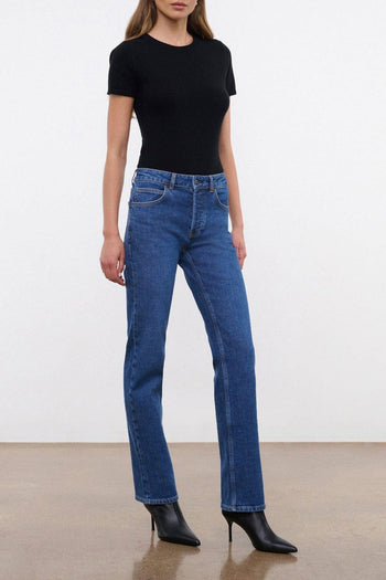 Women's straight stretch jeans, stone blue wash, five-pocket design
