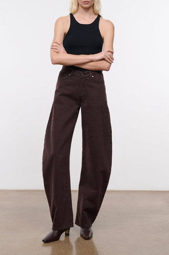 Dark brown barrel jeans with wide straight legs and front zipper closure