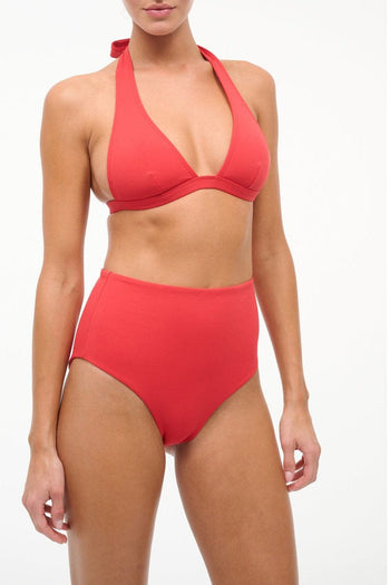 Red halter triangle bikini top with neck tie