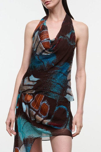 Sleeveless halter top with abstract blue and brown butterfly print