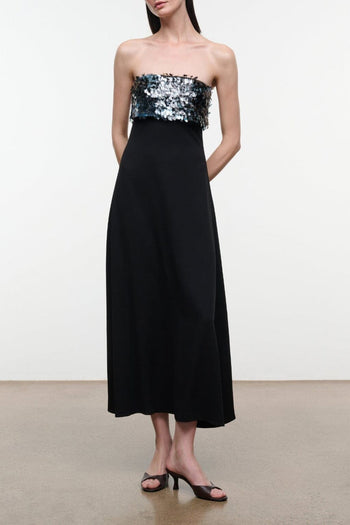 Black strapless evening dress with silver sequin bodice and long A-line skirt