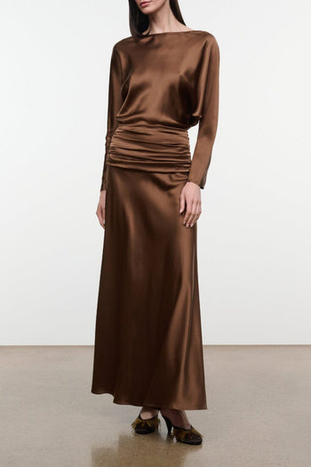 Brown silk dress with long sleeves and ruched waist, draped column silhouette