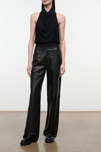 Black leather wide-leg pants with relaxed fit and front fly