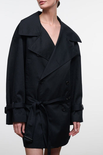 Black belted trench-style jacket with notch lapel and button front