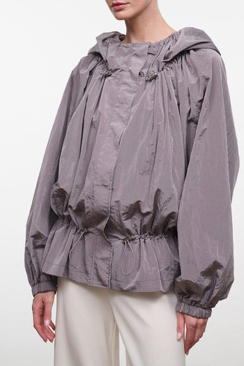Dusty gray hooded lightweight jacket with drawstring, elastic cuffs