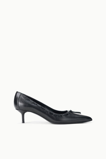 Black kitten heel pump with pointed toe, bow detail, and stitching on upper.