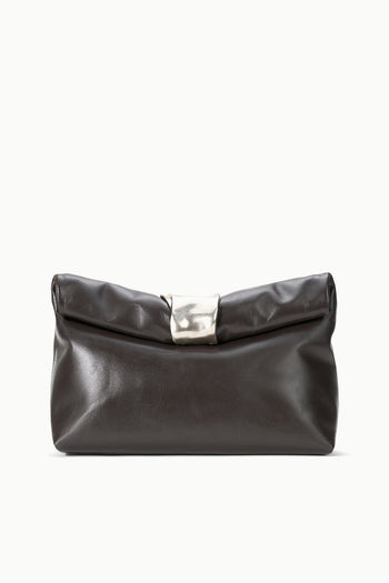 Espresso leather cuff clutch front view with curved top clasp