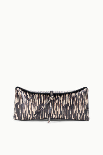 EVE quill clutch with navy-and-ivory vertical stripe pattern and drawstring ties