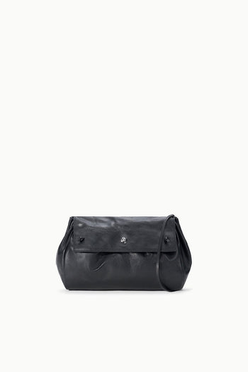 Black convertible bag with top flap, side pleats, and magnetic clasp