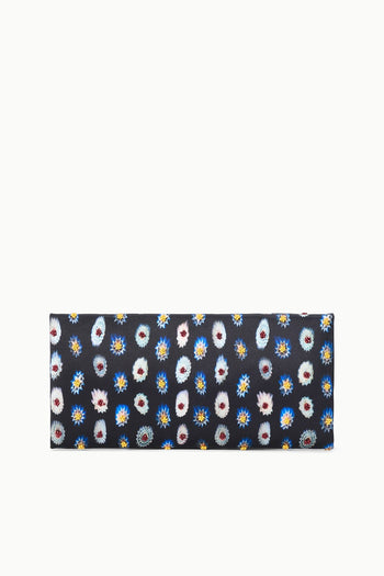 Navy glasswork clutch with colorful floral medallion pattern, slim rectangular design