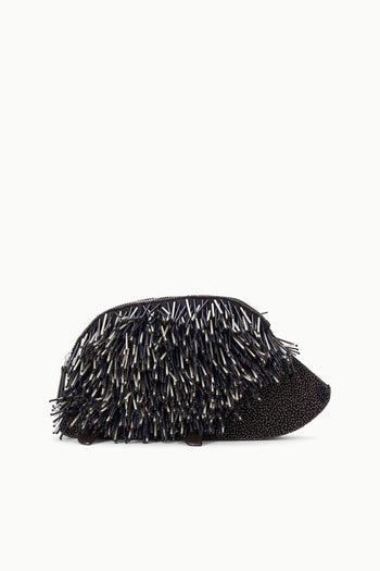 Black and silver beaded fringe clutch bag with curved top frame