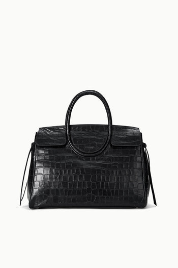 Black croc-embossed carryall with curved top handles and flap pockets