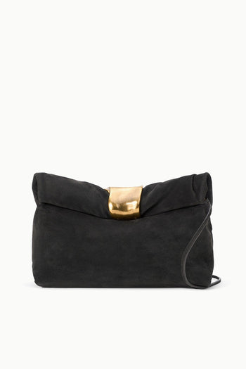 Dark mocha cuff clutch with gold-tone clasp and short shoulder strap
