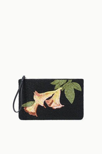 Black beaded large pouch with floral trumpet applique and wrist strap
