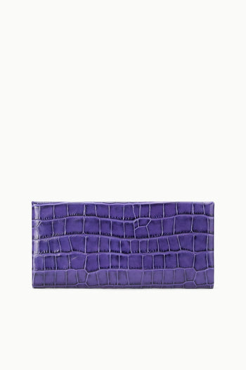 Purple croc-embossed leather clutch with top zipper and slim rectangular shape
