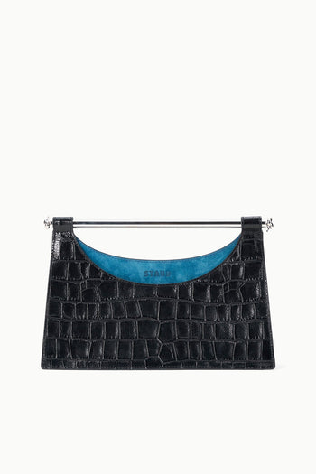 Black croc-embossed clutch with top bar clasp and short strap, blue suede lining.