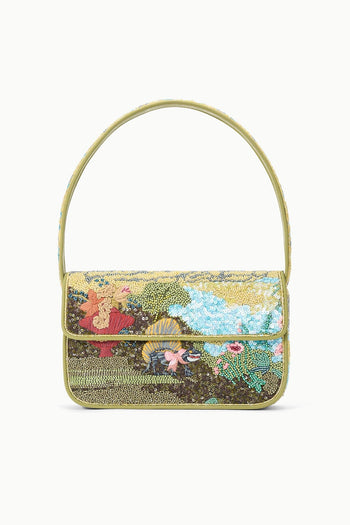 Beaded mini handbag with top handle, multicolor floral sequins