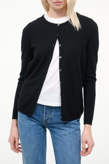 Black cashmere button-front cardigan, long sleeves and crew neck