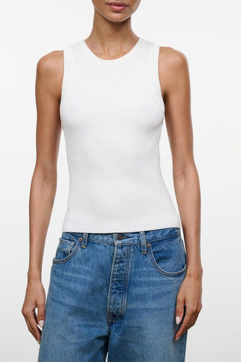 White ribbed sleeveless tank top with round neckline