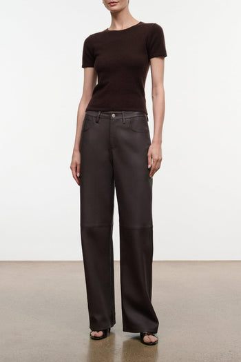 Dark brown leather pants, full front view with belt loops, button closure, wide leg