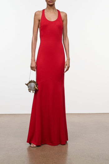 Red sleeveless maxi dress with scoop neck, fitted waist, and flowing skirt