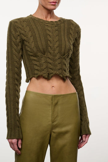 Hale sweater in dark green cable knit, cropped crew neck with long sleeves