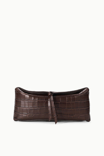EVE croc-embossed clutch bag in espresso brown, front tie closure