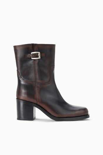 Espresso brown distressed ankle boot with side buckle strap and block heel