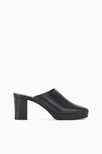 Black leather mule clog with chunky block heel, side profile