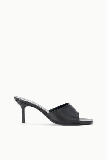 BEA mule espresso distressed: black open-toe heeled mule with wide strap