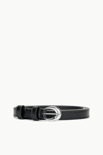 Black slim leather belt with silver oval buckle and adjustable holes