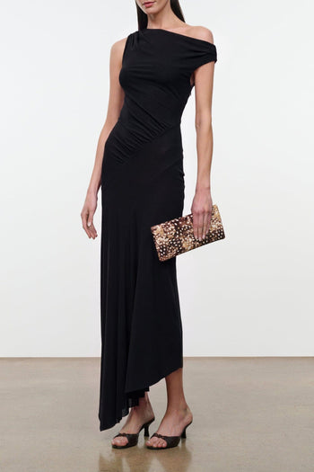 Black draped one-shoulder maxi dress with fitted waist and side slit