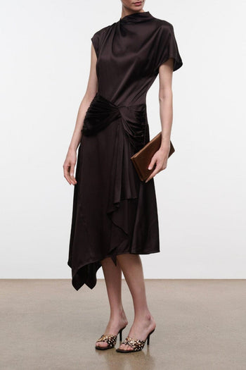 Silk midi dress in dark brown with draped detail, short sleeves, and asymmetrical hem