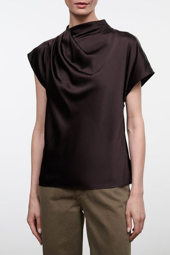 DAVINA silk top, dark brown cowl neckline with short dolman sleeves