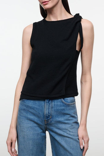 Black sleeveless draped top with knotted shoulder strap and crew neck