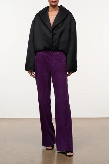 Amethyst suede pants with wide legs and high-rise fit