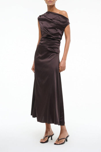 Brown silk midi dress with draped one-shoulder cowl neckline and side slit