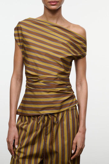 Striped one-shoulder draped top in brown and tan with ruched waist