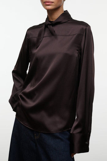 Dark brown silk top with stand collar and long sleeves