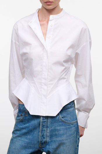 White button-front blouse with V-neck collar and long sleeves