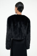 Black fur jacket with short cropped back and stand collar