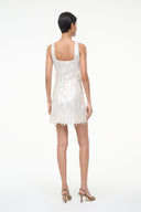 Pearl sequin fringe mini dress, back view, square neckline and thin straps