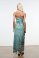 AMARA strapless maxi dress in teal, sheer printed skirt with front slit