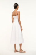 White midi dress back view with thin straps and flared skirt
