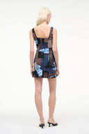 LE SABLE sleeveless mini dress, geometric blue patchwork, open back