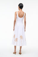 White midi dress with palm embroidery, scoop-back square neckline and thin straps