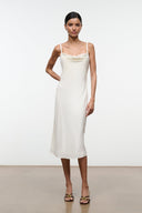 Ivory silk midi slip dress with spaghetti straps and scoop neckline