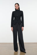 Tailored wide-leg pants in dark charcoal, front pleats and zip fly